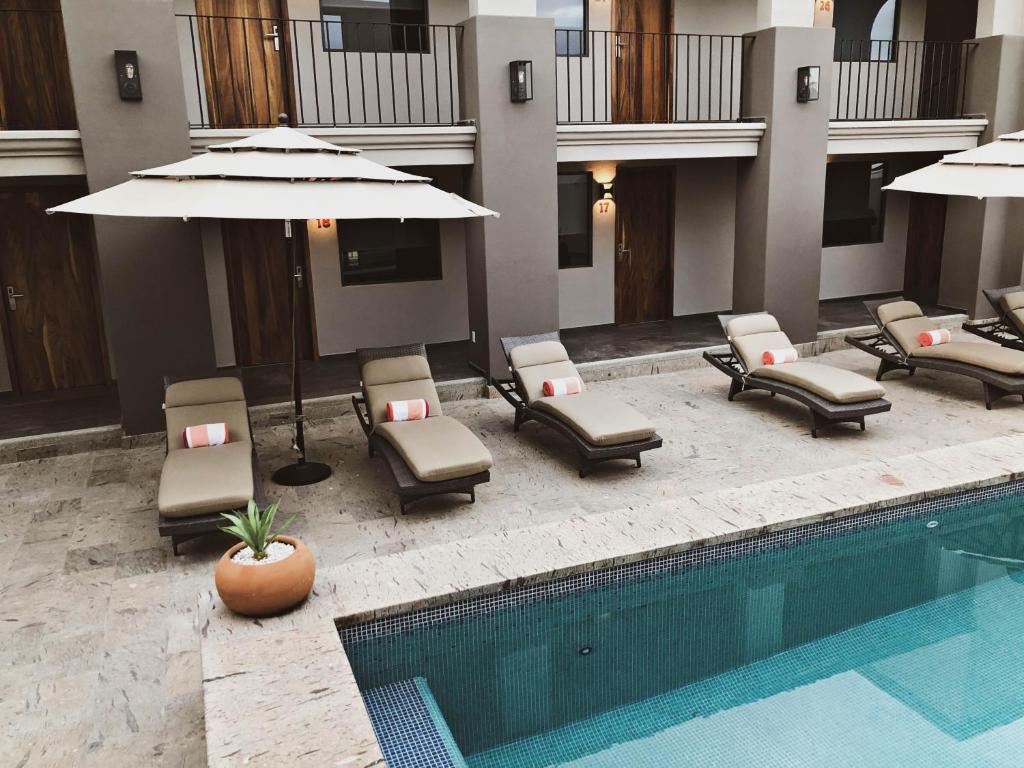 a pool with lounge chairs and an umbrella next to a swimming pool at SIX TWO FOUR Urban Beach Hotel in San José del Cabo