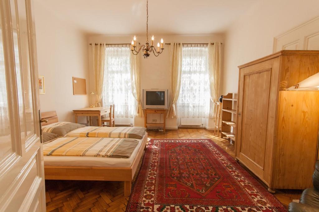 ein Schlafzimmer mit einem Bett und einem TV. in der Unterkunft Ferienwohnungen Dr. Neubert in Krems an der Donau