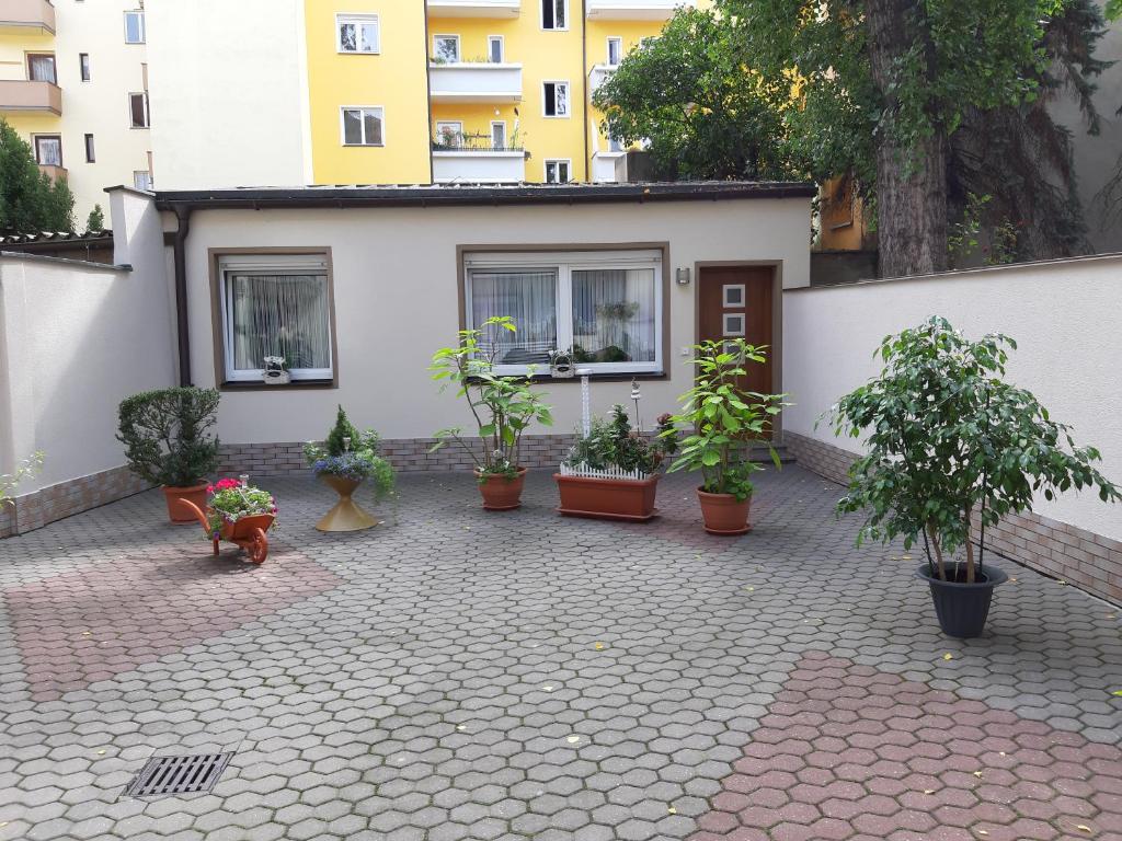 une cour avec des plantes en pot devant un bâtiment dans l'établissement Singerstr 14, à Nuremberg