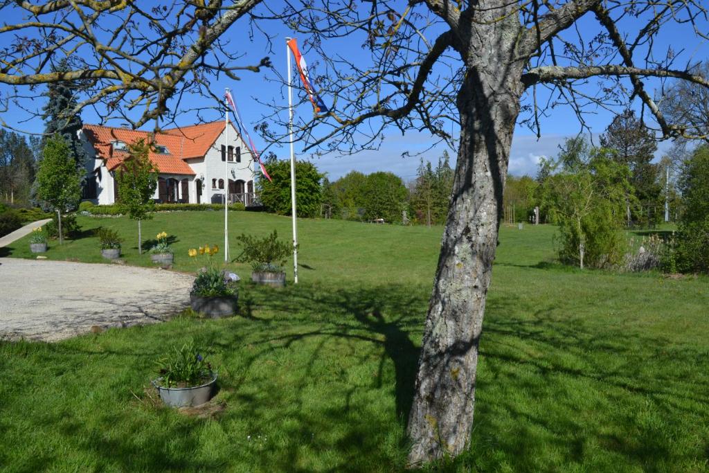 une maison blanche avec un arbre dans la cour dans l'établissement Villa Orangère Chambre et table d'hôtes, à Bonneuil-Matours