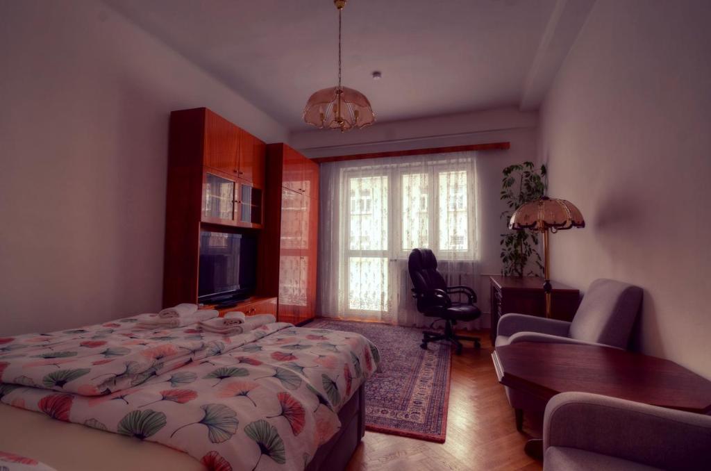 een slaapkamer met een bed, een bank en een raam bij Apartment Anna Vysehrad in Praag