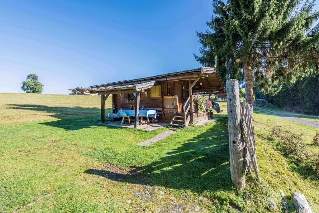 eine Blockhütte auf einem Feld mit einem Baum in der Unterkunft Almliesl HOLL-361 in Hollersbach im Pinzgau