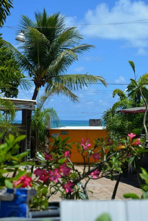 a view of the beach with a palm tree and flowers at Pousada Chácara Porto do Sol in Jacumã