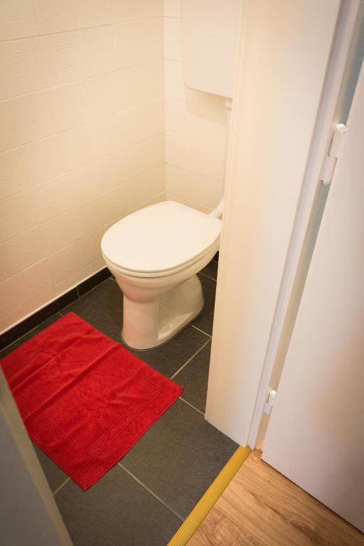 a bathroom with a white toilet and a red rug at Garden Apartment Donau-City (P&R) in Vienna