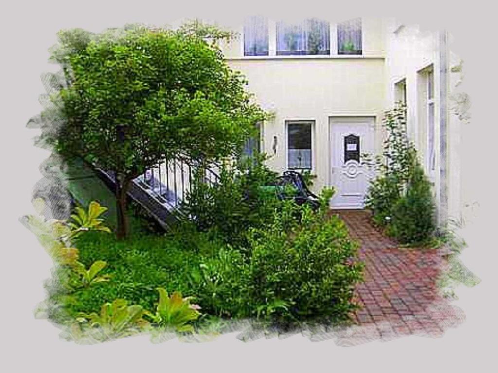 a house with a tree and a brick walkway at Appartement Sonnenflut in Warnemünde