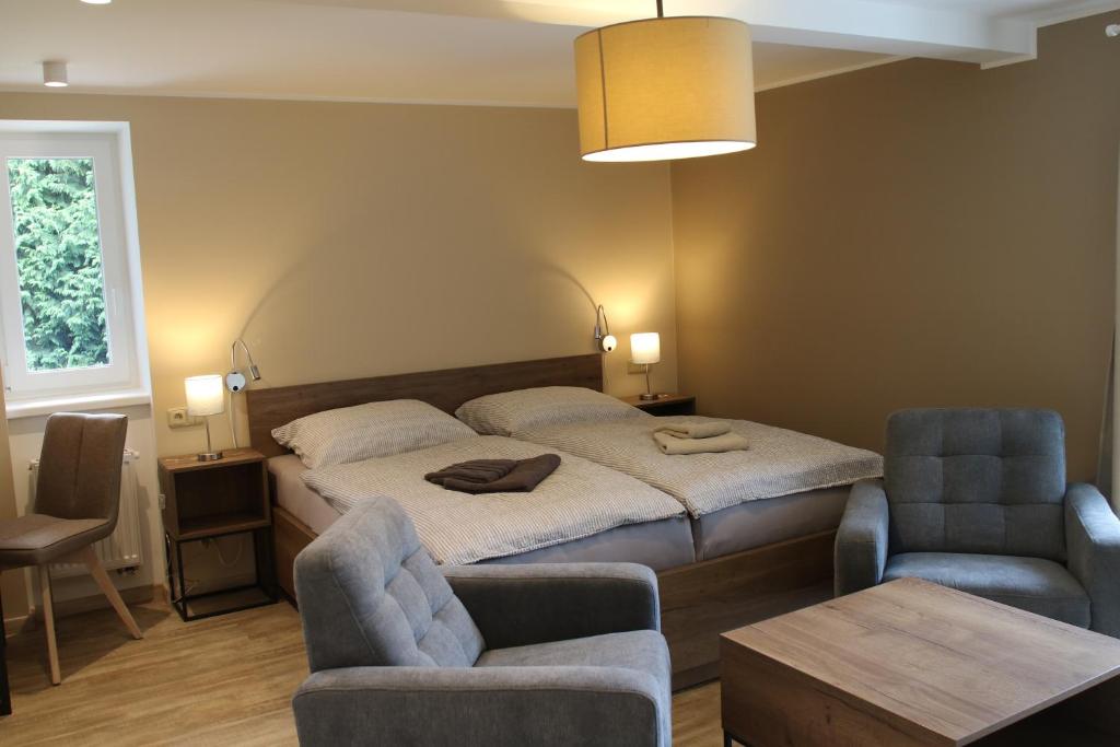 a bedroom with a bed and two chairs and a table at Apartmány LAMA in Hradec nad Moravici