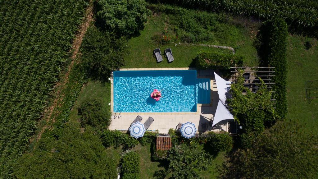 una vista aérea de una piscina con una persona en una balsa en Gîtes Pyrénées Les Trois Montagnes en Ganties