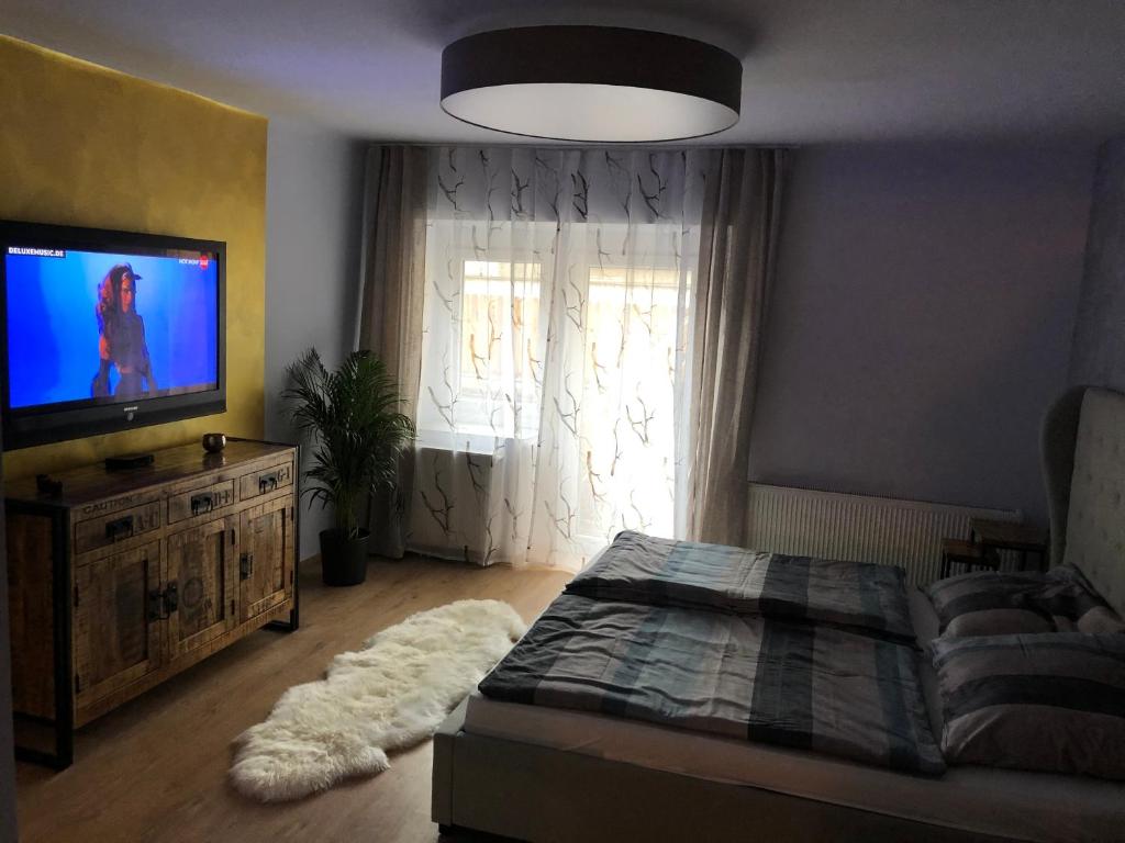 a bedroom with a bed and a flat screen tv at Wohlfühlappartment in der Altstadt von Steyr in Steyr