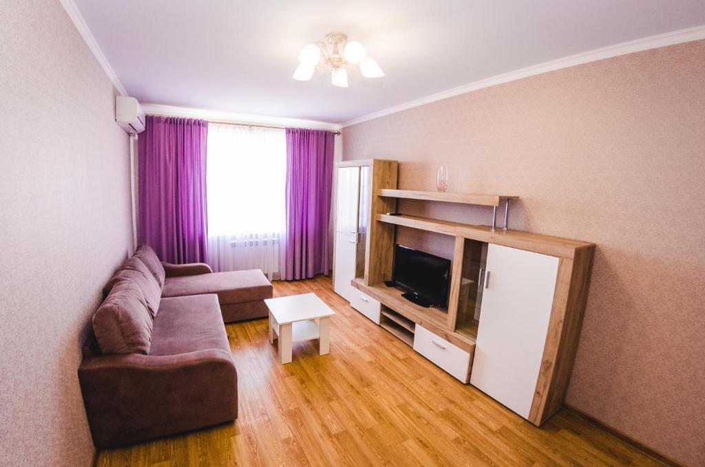 a living room with a couch and a television at ATLANT Apartments 213 in Voronezh