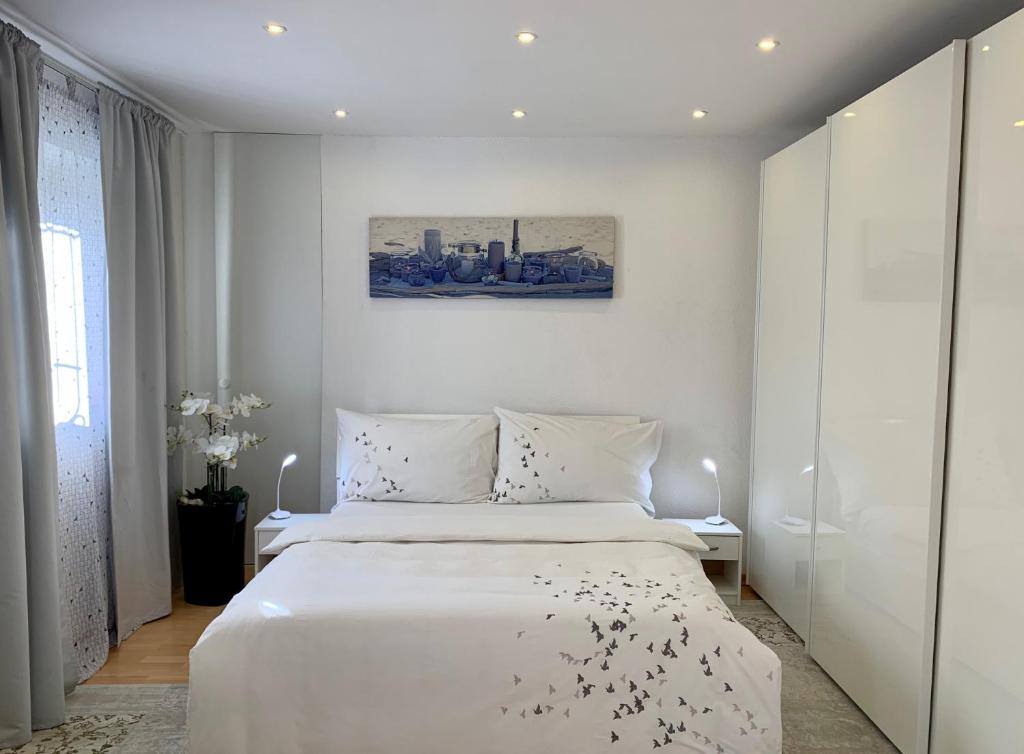 ベリンツォーナにあるCasa Nataliya, via tampori 8 6503 Bellinzonaの白いベッドルーム(大型ベッド1台、窓付)