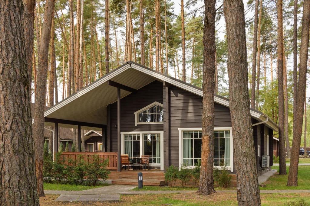 a black house in the woods with trees at Glіbіvka Family Park in Glebovka