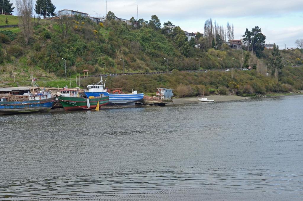 a group of boats docked in a body of water at Palafito Azul Apart Hotel in Castro