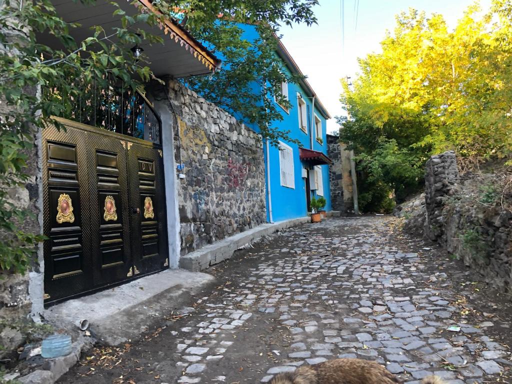 a cobblestone street next to a building with a door at Mavi Ladin Konukevi in Kars