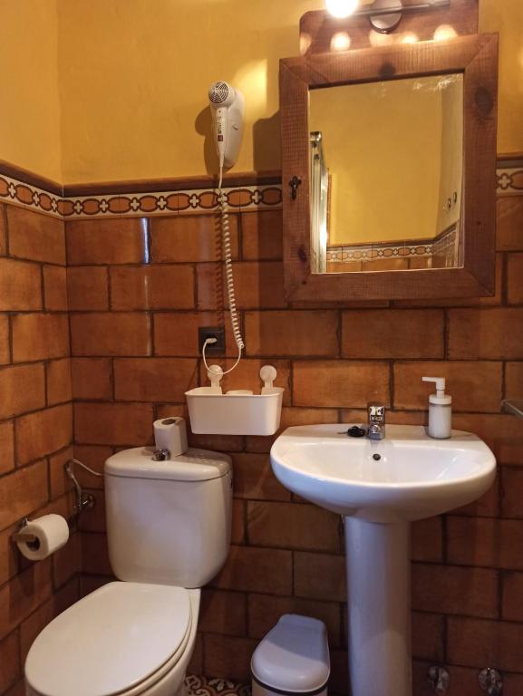 a bathroom with a toilet and a sink and a mirror at Las 4 Lunas in Zahara de la Sierra