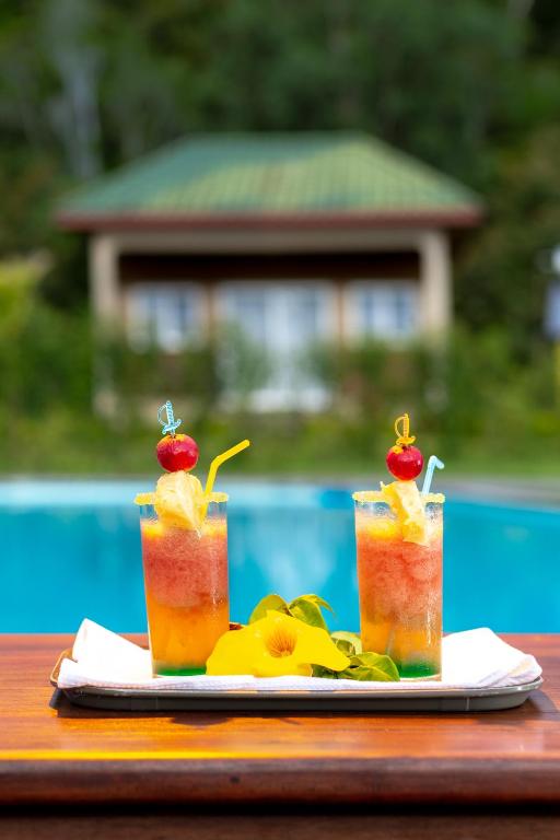 two cocktails with fruit on a plate on a table at Andasibe Lemurs Lodge in Andasibe
