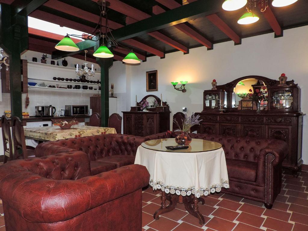 a living room with leather couches and a table at Stilvolles Ferienhaus Artdeco in Wernigerode