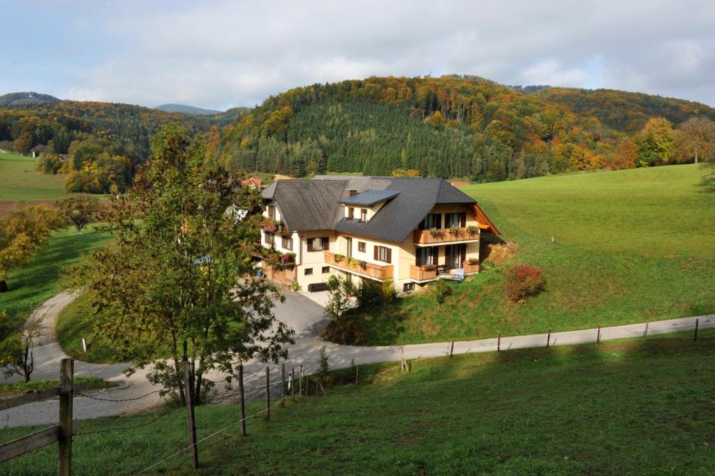 una vista aérea de una casa en medio de un campo en Gasthaus - Gästehaus Schusterbauer en Rein