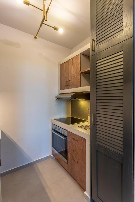 a kitchen with wooden cabinets and a black refrigerator at CAMARA SUITES in Andros