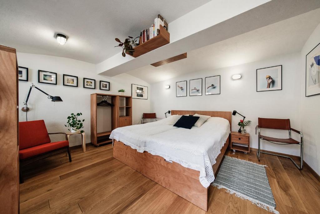 1 dormitorio con 1 cama grande y 1 silla roja en Apartment Center, en Kamnik