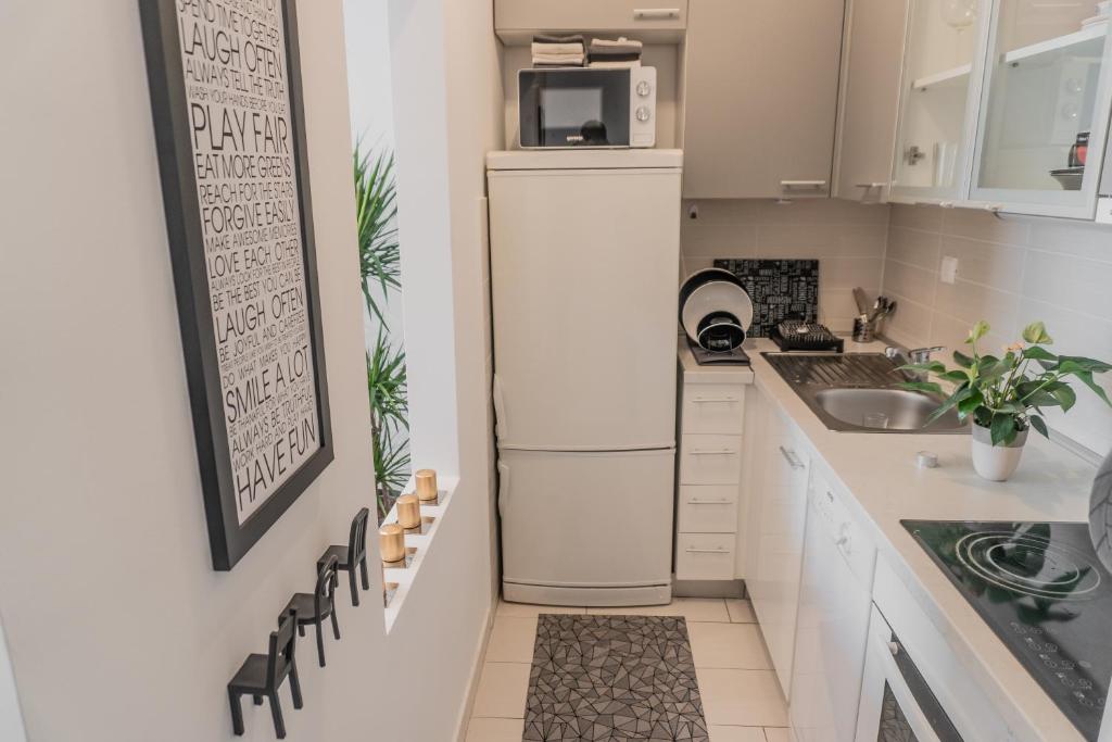 kuchnia z lodówką i zlewem w obiekcie Alpha apartment w Zagrzebiu
