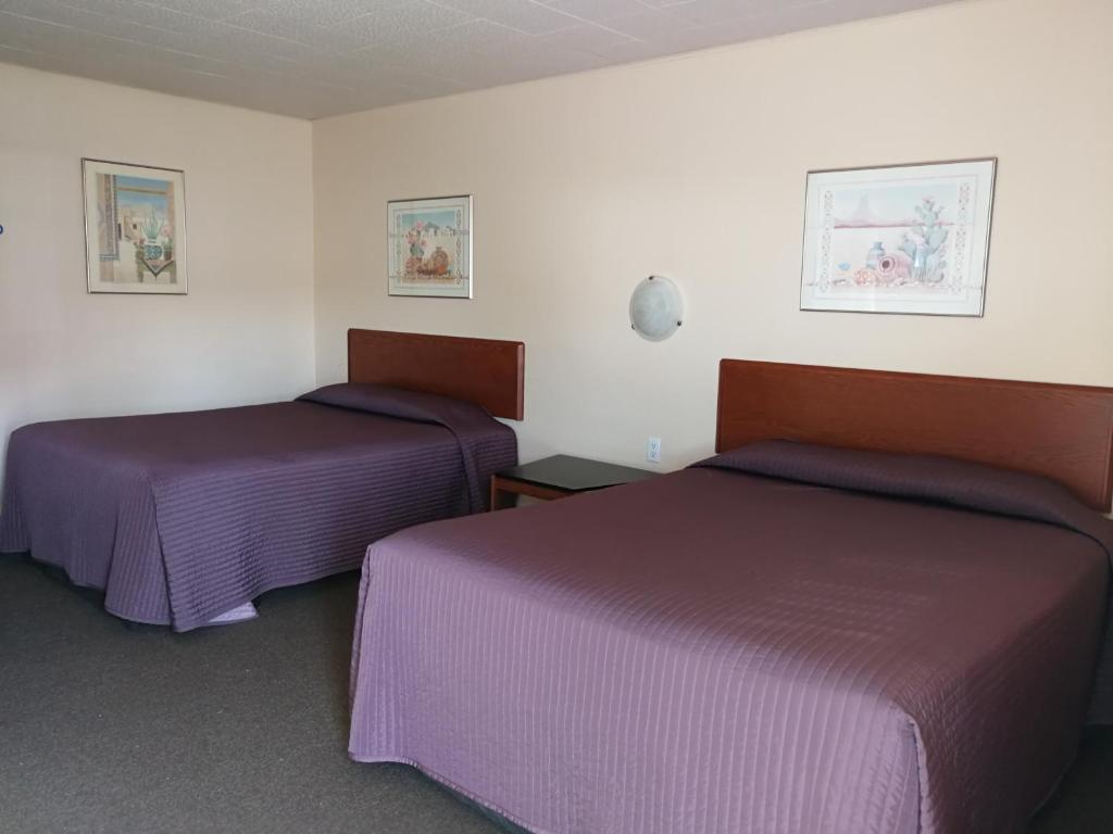 two beds in a room with purple sheets at Star Motel in Morden