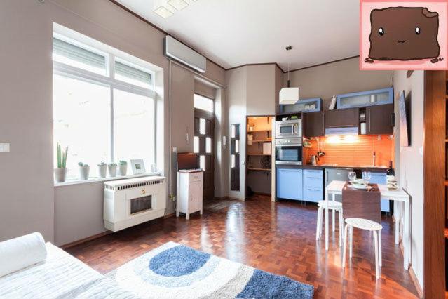 a room with a kitchen with a bed and a table at E47 Eötvös Apartment in Budapest