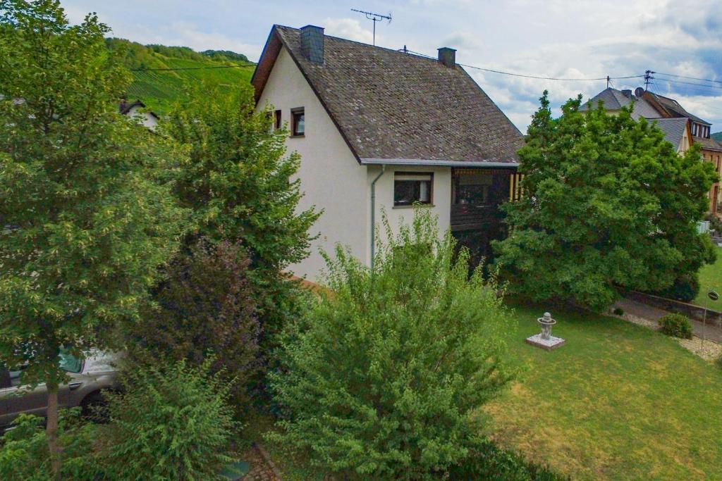 eine Luftansicht eines weißen Hauses mit Bäumen in der Unterkunft Moselhaus in Zeltingen-Rachtig