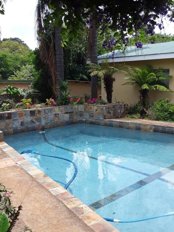 a swimming pool in a yard with a house at Fatties and Monies Guesthouse in Sabie