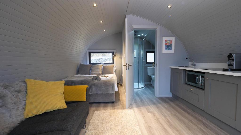 a living room with a couch and a bed in a room at The Bee Pods in Rossnowlagh