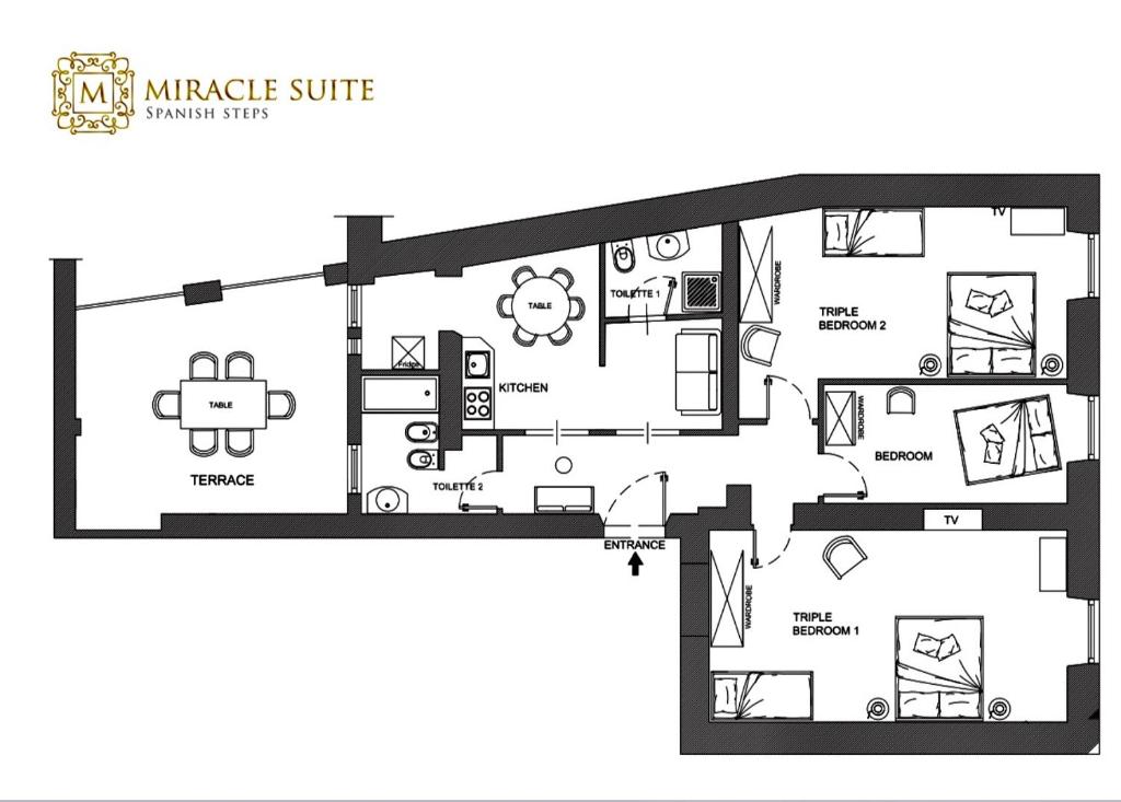 Načrt razporeditve prostorov v nastanitvi Spanish Steps Miracle Suite