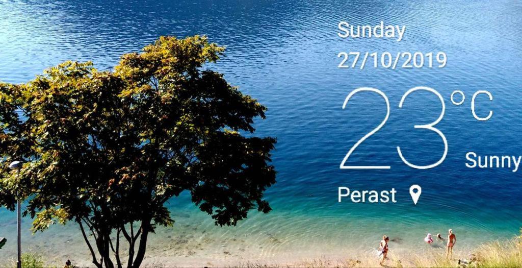 a poster for a beach with a tree and people on the beach at Apartment Mediterraneo Blue Sky in Perast