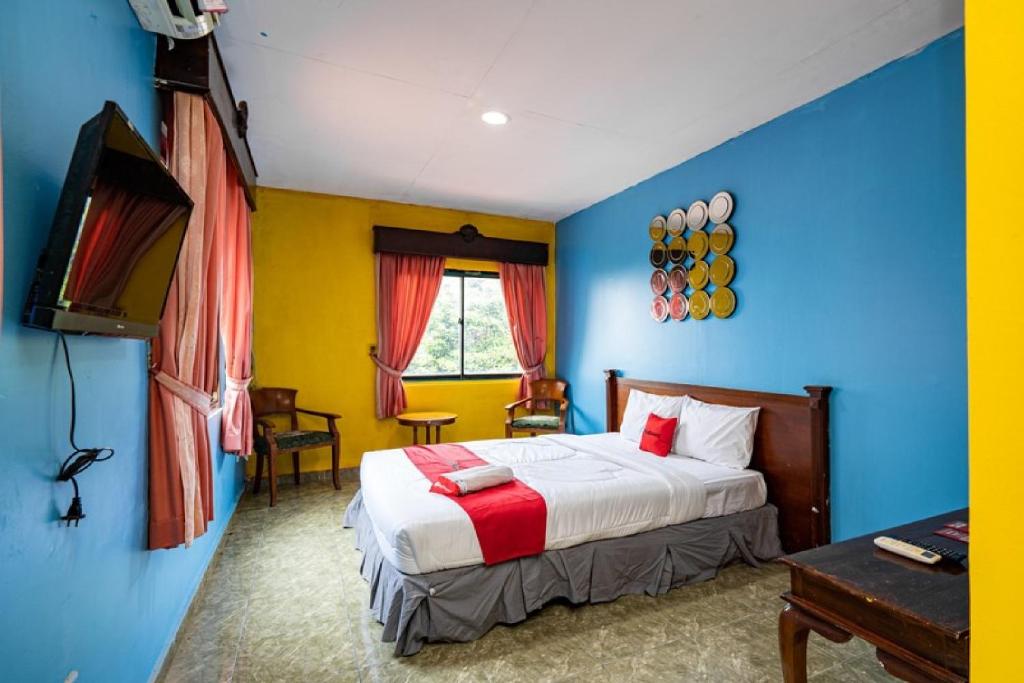 RedDoorz near Istana Bogor في بوغور: غرفة نوم فيها سرير وتلفزيون