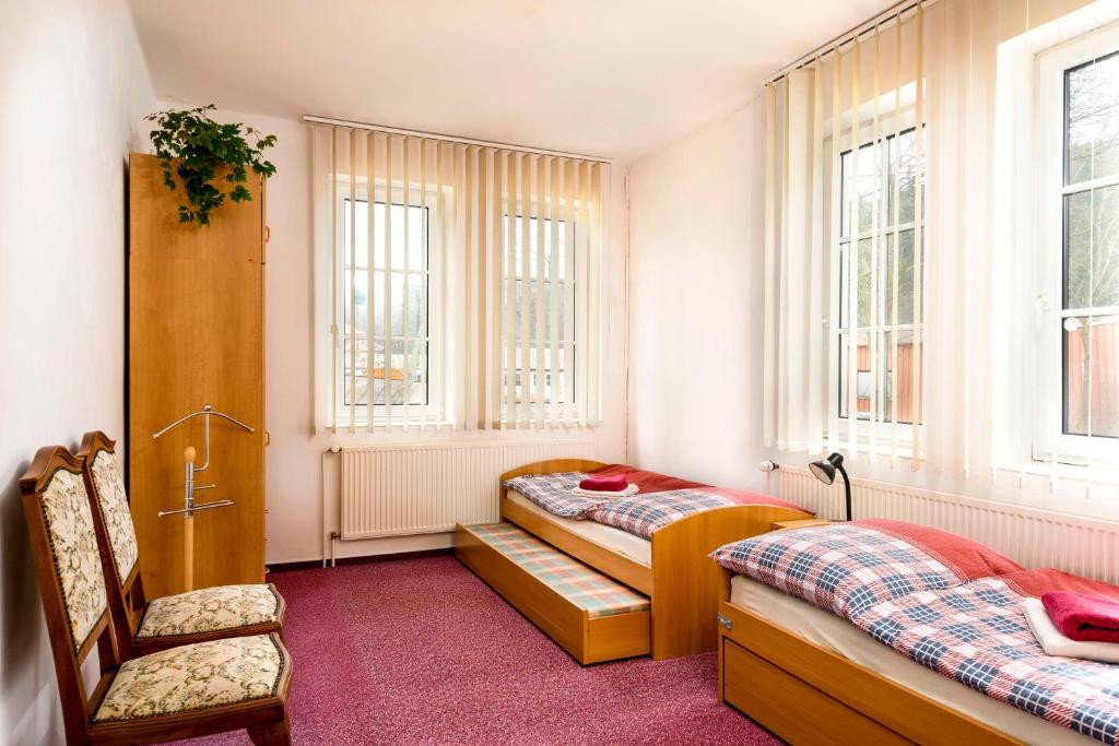 1 dormitorio con 2 camas, silla y ventanas en Apartmán Hromovka Špindlerův Mlýn, en Špindlerův Mlýn