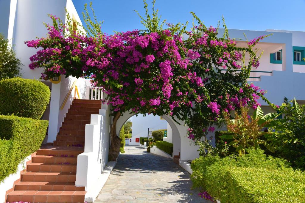 an archway with pink flowers on a white building at Mastichari Bay Hotel in Mastihari