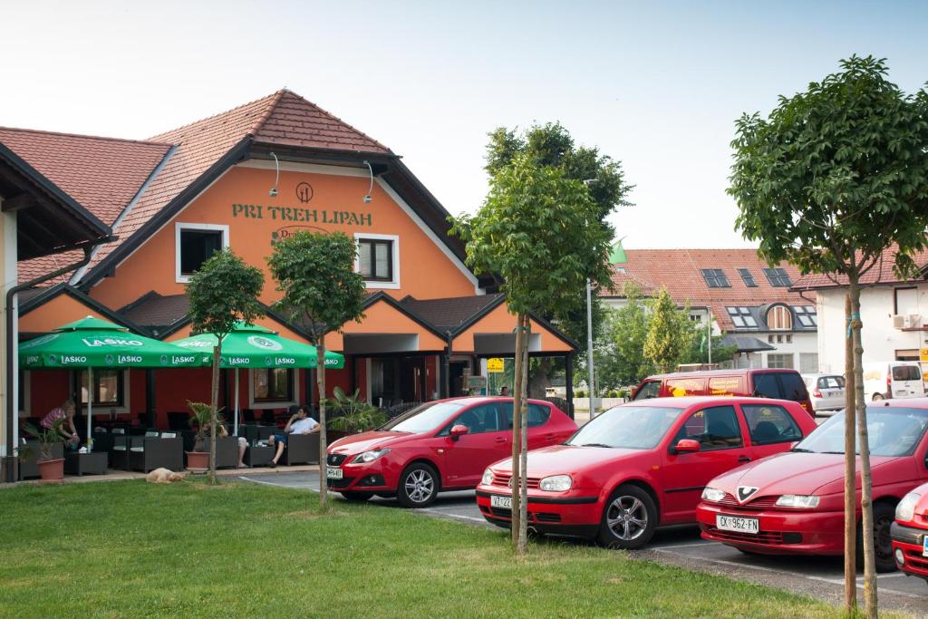 eine Gruppe von Autos, die vor einem Gebäude geparkt sind in der Unterkunft Guest House Pri Treh Lipah in Ptuj