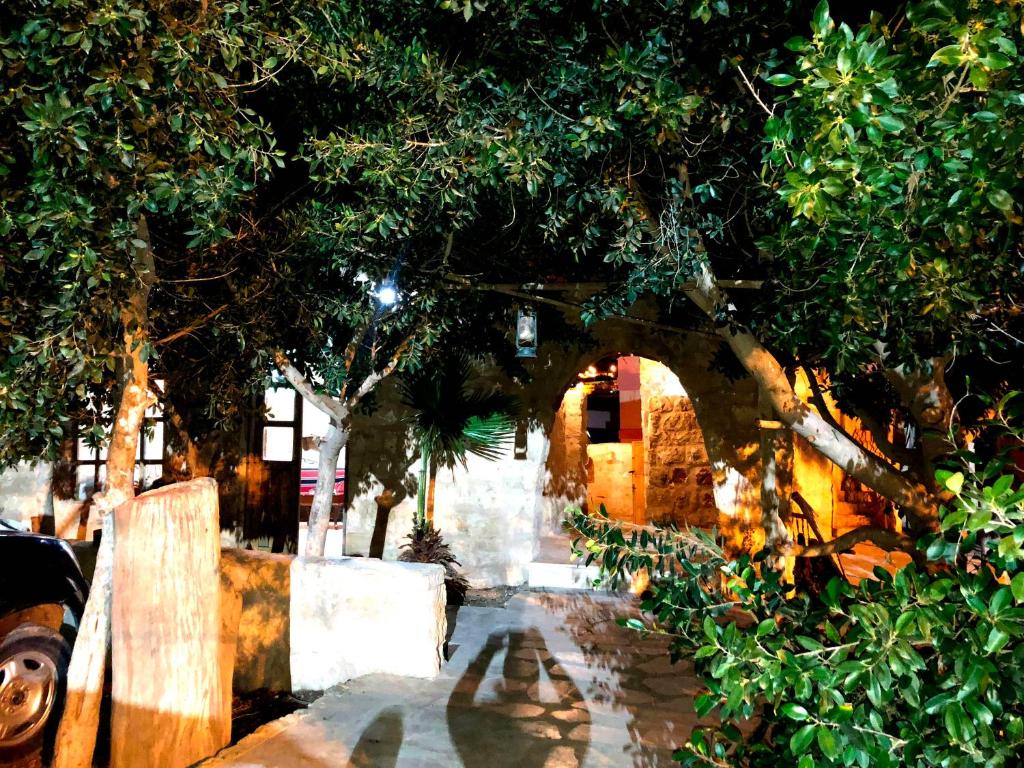 een toegang tot een tuin met bomen en een hek bij The Orient Home in Wadi Musa