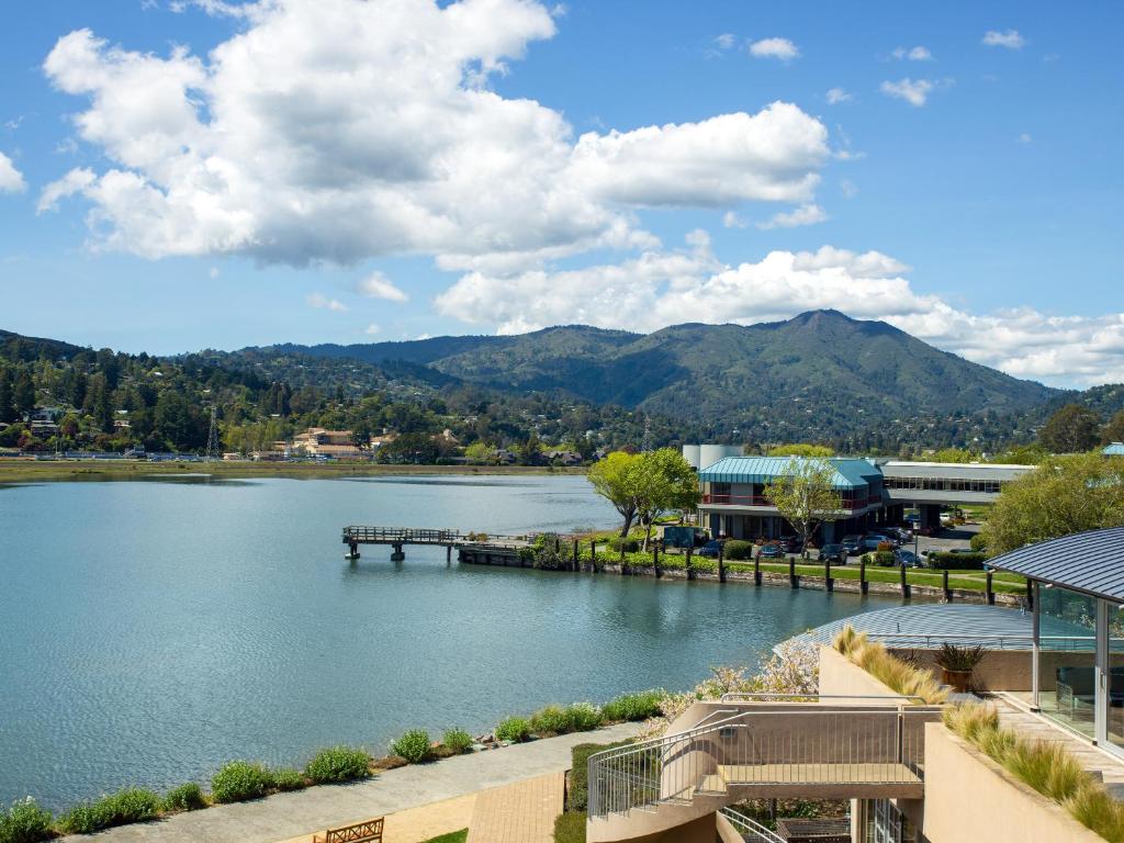 a view of a lake with a pier at Acqua Hotel in Mill Valley