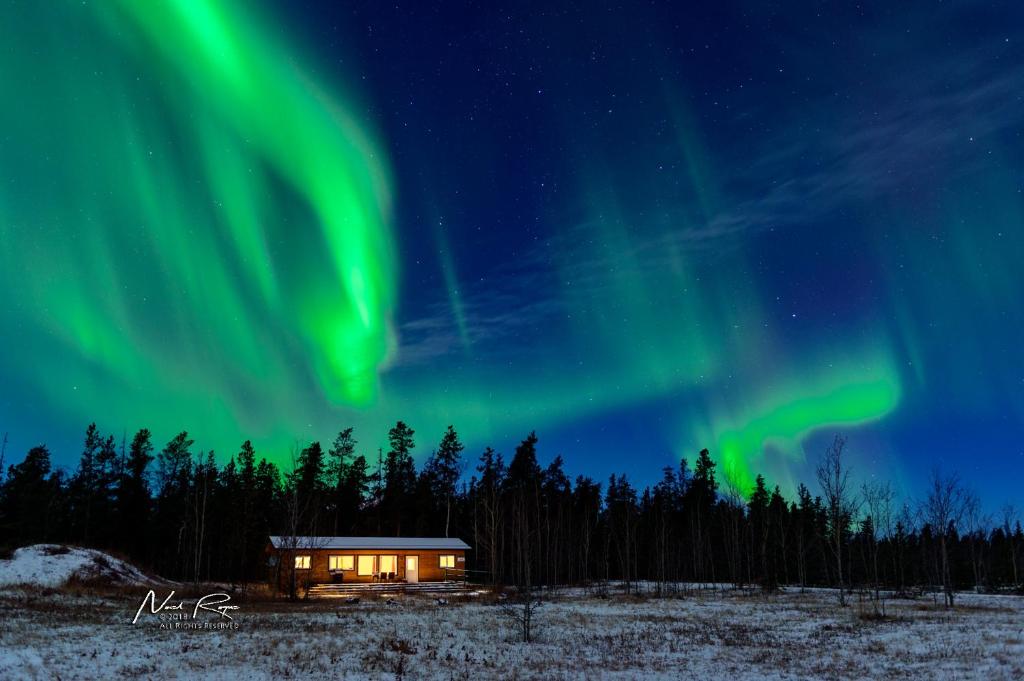 un'immagine di una casa sotto l'aurora boreale di Sundog Retreat a Whitehorse