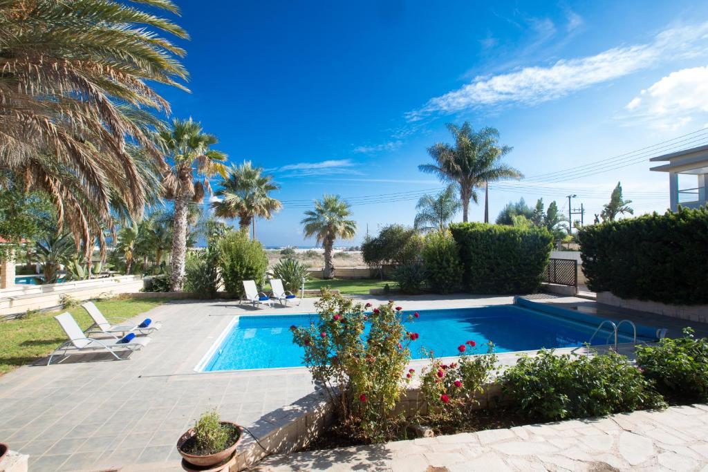 - une piscine dans une cour avec des palmiers dans l'établissement Villa Joy, à Protaras