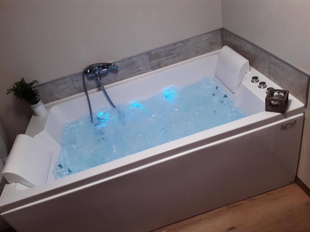 a bath tub filled with blue water with a faucet at Location BALNEO DUO près zoo de Beauval in Selles-sur-Cher