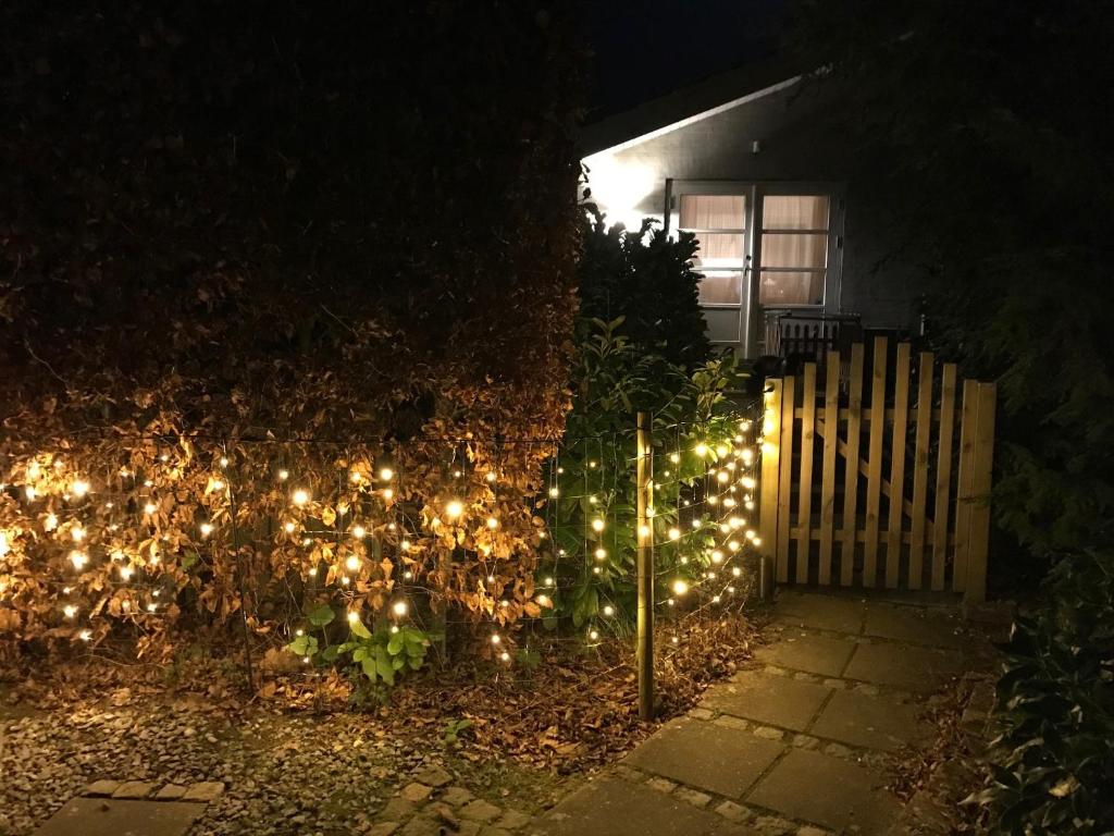 uma cerca com luzes em frente a uma casa à noite em Bed and Breakfast Birkerod em Birkerød