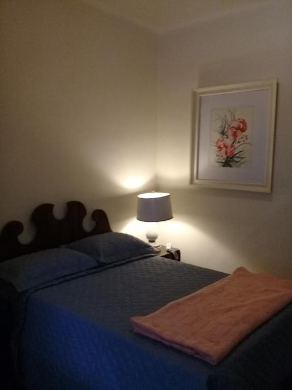 um quarto com uma cama com um cobertor azul e um candeeiro em Palácio Quitandinha 546 em Petrópolis