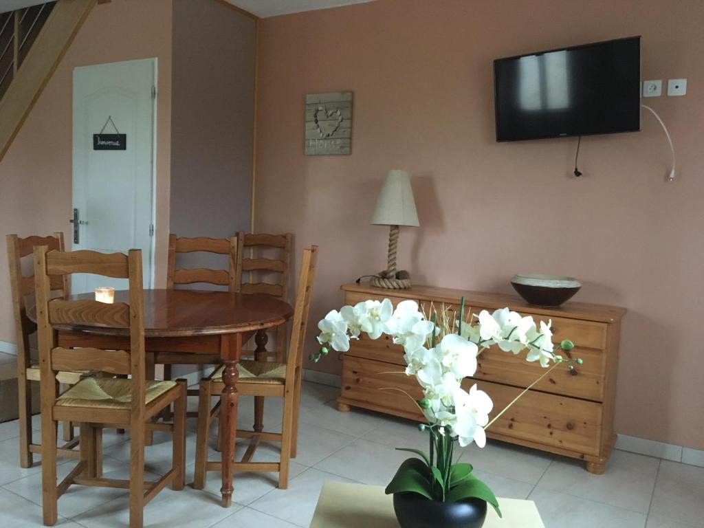 ein Esszimmer mit einem Tisch, Stühlen und einem TV in der Unterkunft La Maisonnette Dintevilloise in Dinteville