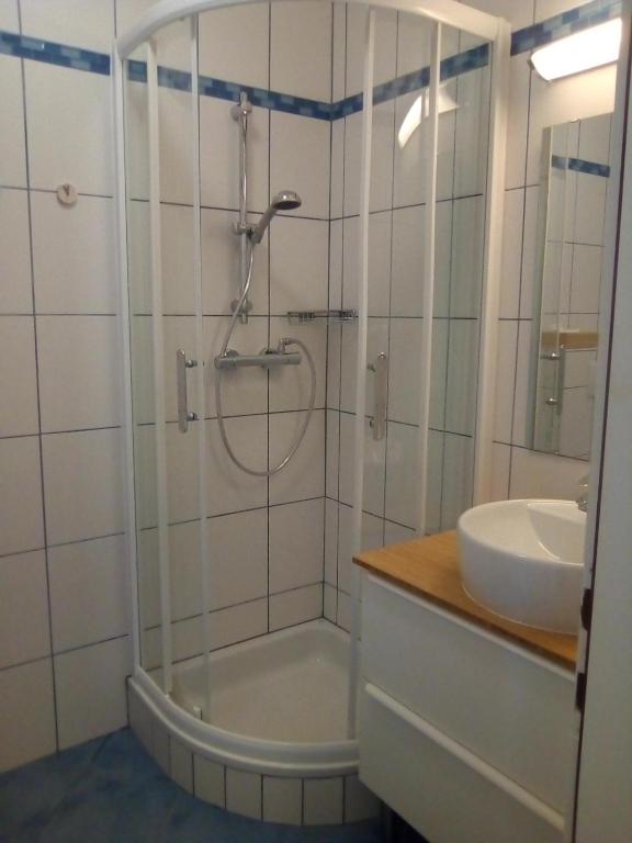 ein Badezimmer mit Dusche und Waschbecken in der Unterkunft Seeblick-Appartements Ossiach in Ossiach
