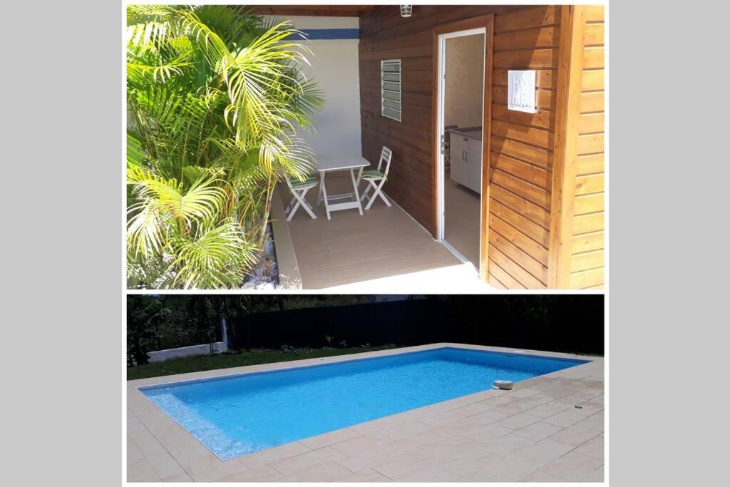 two pictures of a swimming pool and a house at F2 ZEN & GREEN - PISCINE et CONFORT in Baie-Mahault