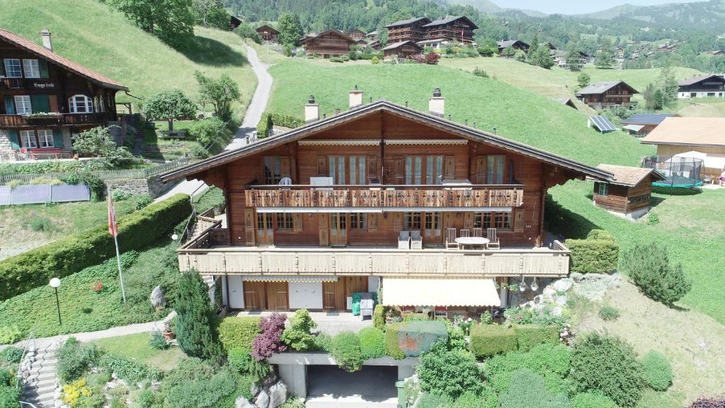 an aerial view of a house on a hill at Chalet Obelix in Grindelwald