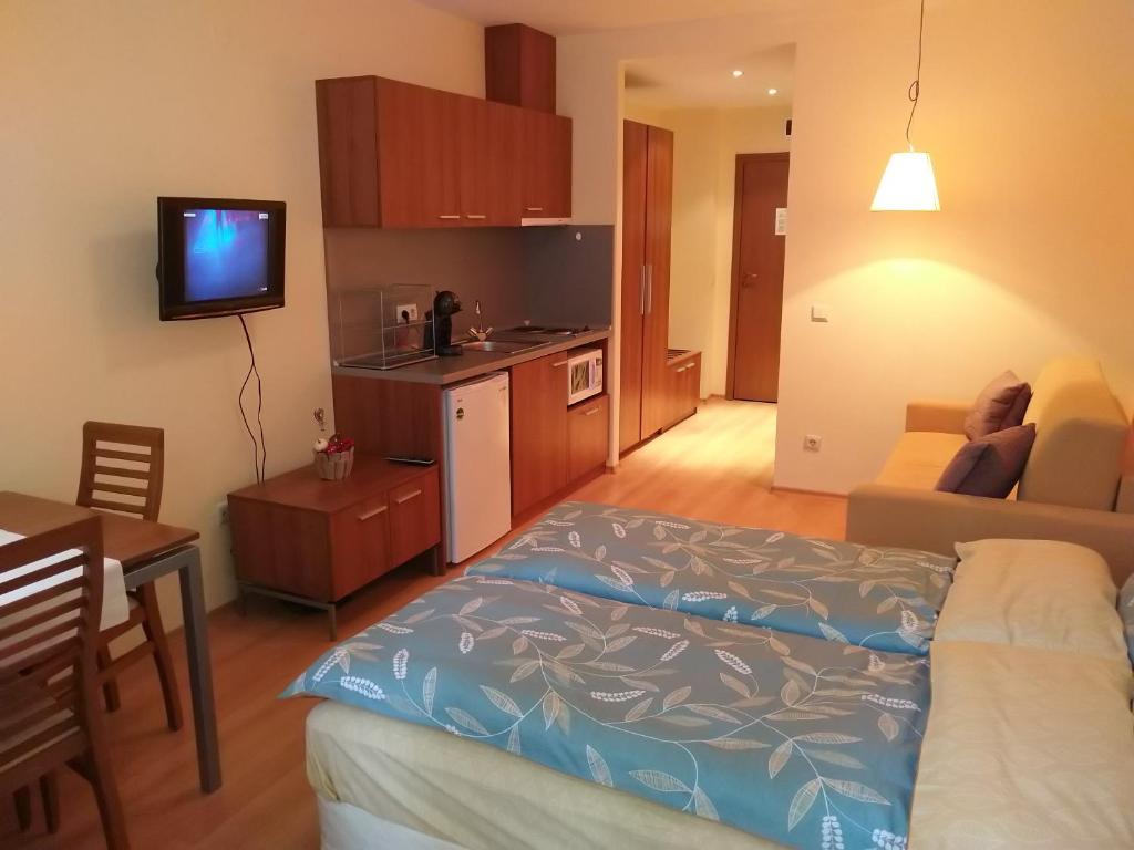 a room with a bed and a kitchen with a television at Studio Villa Park 207 in Borovets