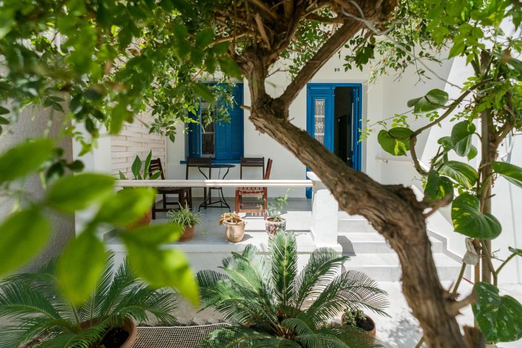 a house with a blue door and some trees at Grandma's Chic Home in Chania Venetian Harbor in Chania
