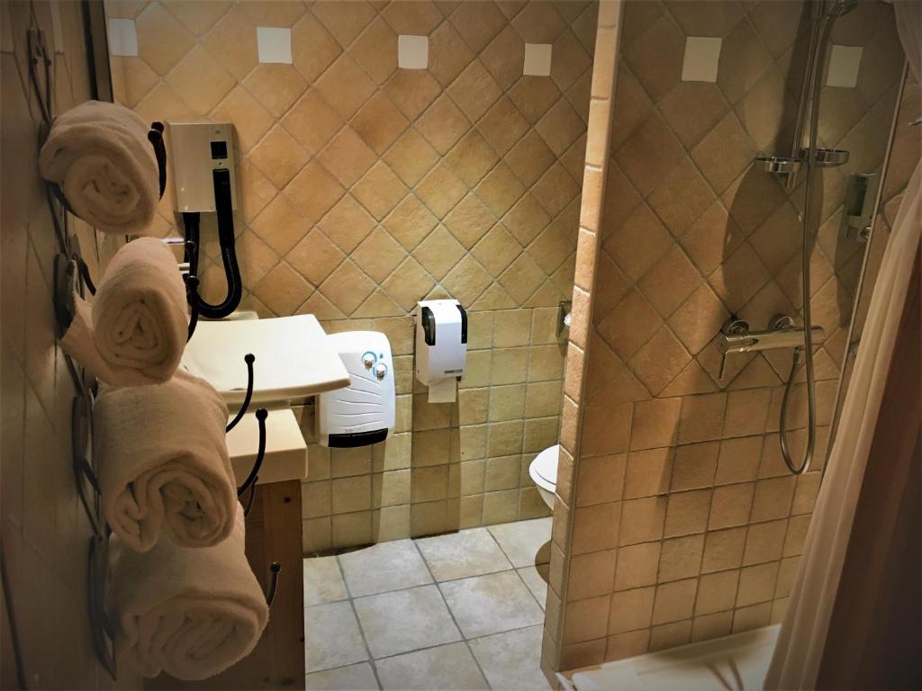 a bathroom with a shower and a toilet and towels at Auberge du Manoir in Chamonix