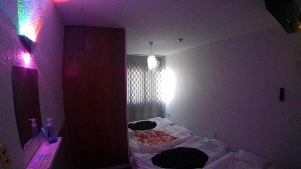 Zimmer mit einem Bett in einem lila Zimmer in der Unterkunft Setouchi Triennale Hotel 402 Mysterious beauty Yugen / Vacation STAY 62365 in Takamatsu